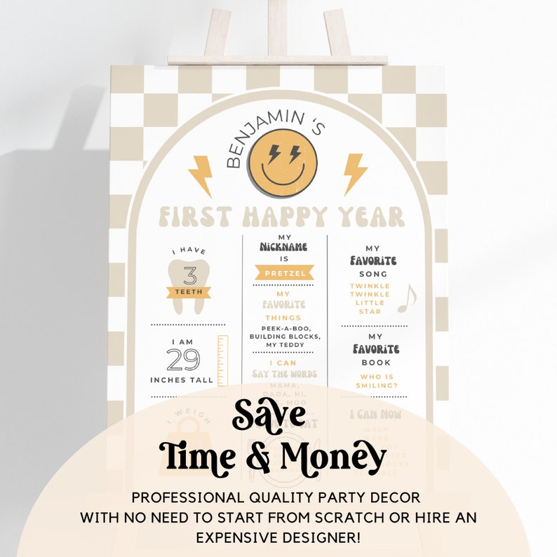 May include: A printable first birthday milestone poster with a yellow and brown checkered background. The poster features a smiling face with lightning bolts and the text "Benjamin's First Happy Year". The poster includes information about the child's age, height, favorite things, and other milestones.