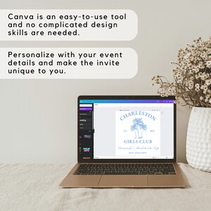 May include: A laptop computer screen displaying a design template for a bachelorette party invitation. The design features a palm tree graphic and the text "Charleston Girls Club Savannah's Bachelorette Trip May 22nd-24th".