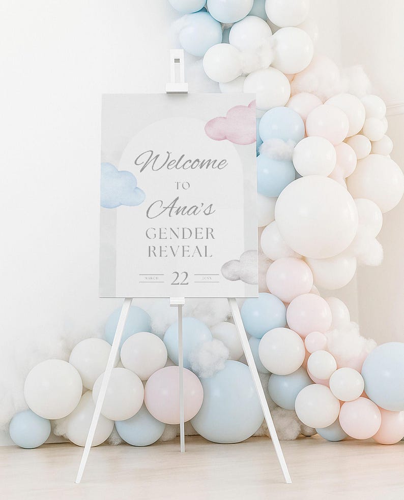 May include: A white easel displays a sign that reads "Welcome to Ana's Gender Reveal" with watercolor clouds. The sign is surrounded by a balloon arch in pastel pink, blue, and white, creating a celebratory atmosphere.