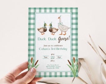 Duck Duck Goose Birthday Party Invitation Template, Editable Invite, Mallard Duck Hunting Theme, Lucky Duck, Silly Goose, Green Gingham