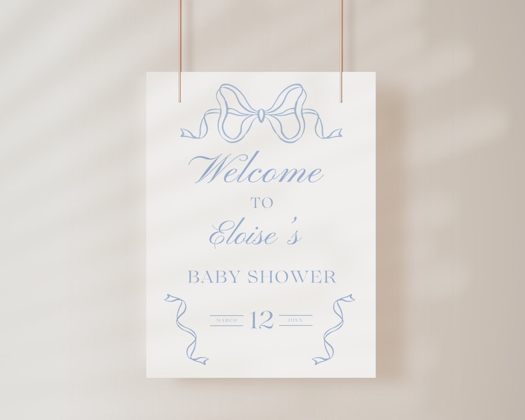 Blue Bow Baby Shower Welcome Sign Template, Blue Hand Drawn Ribbon, Bow ...