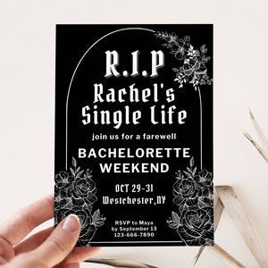 Beerdigung Bachelorette Einladung und Reiseplan Vorlage, RIP Single Life, Gothic Halloween Bach, DIY Party einladen, bearbeitbarer digitaler Download