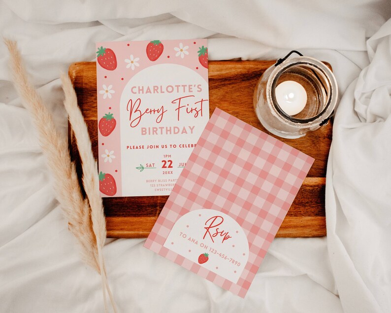 May include: Pink and white gingham RSVP card with a strawberry graphic and the text "RSVP to Ana on 123-456-7890".