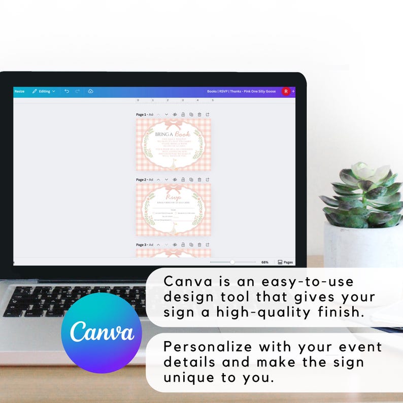 May include: A laptop displays a baby shower invitation design with the text "Bring a Book" and "RSVP". The design features a pink gingham pattern and floral accents. The Canva logo is visible.