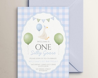 One Silly Goose Birthday Invitation, Editable Template, Goose First Birthday Invite, Vintage Green Blue Gingham, Boy 1st Birthday