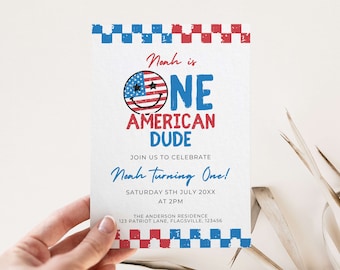4th July First Birthday Invitation Template, One American Dude Theme, Patriotic 1st Party, Independence Day, Red White Blue, Editable Invite