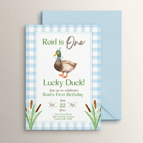 One Lucky Duck Birthday Party Invitation, Blue Gingham 1st Birthday Party Invite, Mallard Duck, Hunting Theme,  Editable Template Download