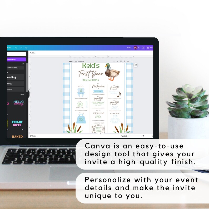 May include: A blue and white checkered background with a printable first birthday milestone chart for a baby boy. The chart features a cartoon duck and the text "Reid's First Year".