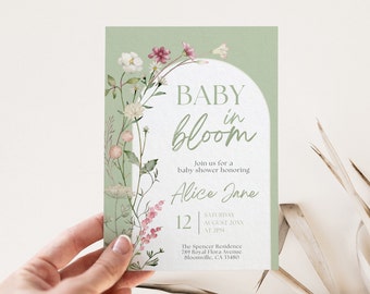 May include: A green and white baby shower invitation with a floral design and the text "BABY in bloom" and "Alice Jane". The invitation includes the date, time, and location of the shower.