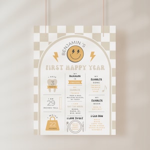 May include: A beige and yellow printable poster with a checkered background. It is a first birthday milestone poster for a baby named Benjamin. The poster includes information about the baby's age, height, weight, favorite things, and abilities. The poster has a cute smiley face with lightning bolts on it.
