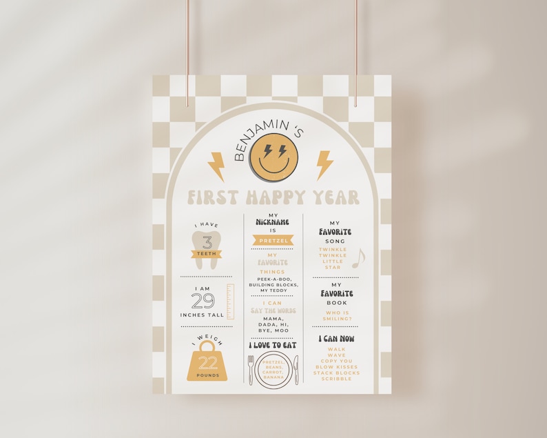 May include: A beige and yellow printable poster with a checkered background. It is a first birthday milestone poster for a baby named Benjamin. The poster includes information about the baby's age, height, weight, favorite things, and abilities. The poster has a cute smiley face with lightning bolts on it.