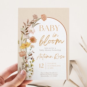 Baby in Bloom Baby Shower Invitation, Editable Template, Gender Neutral, Boho Wildflower Theme, Autumn Fall Flowers, Floral Invite, FBB1