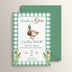 One Lucky Duck Birthday Party Invitation, First Birthday Invite, Green Gingham, Mallard Duck Hunting Theme, Editable Template Download