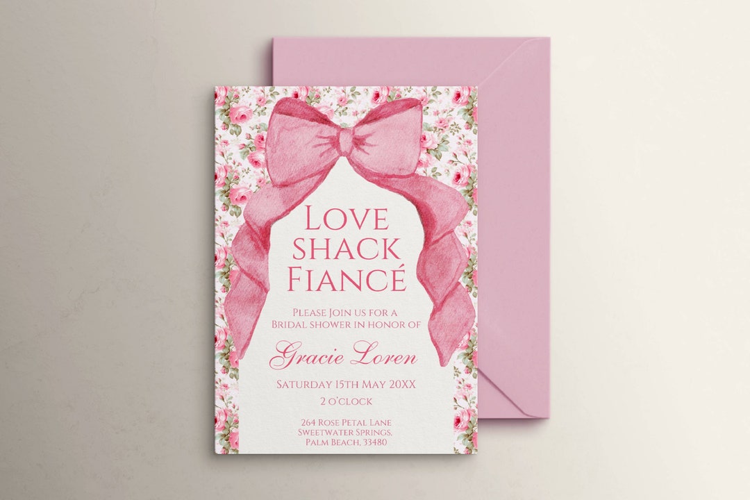 Coquette pink bow bridal shower invitation template love shack fianc 
