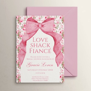 Coquette Pink Bow Bridal Shower Invitation Template, Love Shack Fiancé Theme, Editable Invite, Vintage Cottagecore Floral, Shabby Chic