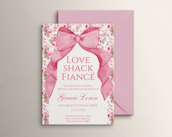 Mall för inbjudan till bruddusch med rosa rosett, Love Shack-tema för fästmö, redigerbar inbjudan, vintage blommig stil, shabby chic