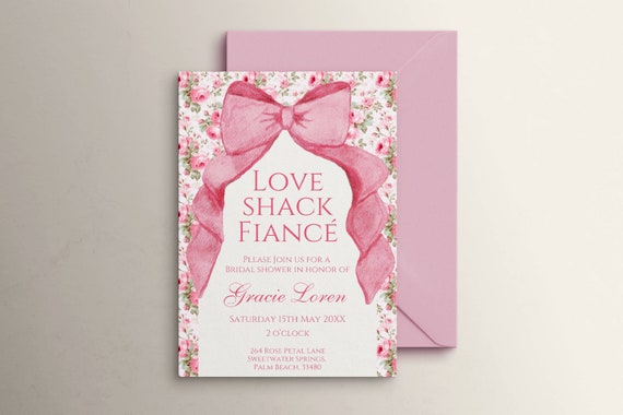Coquette Pink Bow Bridal Shower Invitation Template, Love Shack Fiancé Theme, Editable Invite, Vintage Cottagecore Floral, Shabby Chic