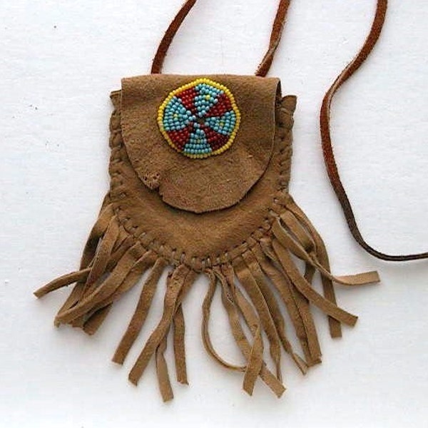 Vintage Mini Soft Leather Pouch Purse w/ Fringe & Beads / Handcrafted