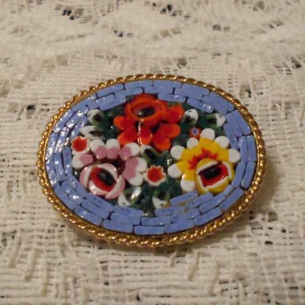 Vintage Micro Mosaic Hand Painted Pin Made in Italy