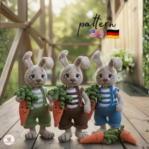 May include: Three crocheted bunny dolls, each holding a carrot and wearing overalls. The bunnies are in green, brown, and blue overalls. The word "pattern" is written in cursive above the bunnies, with the American and German flags.