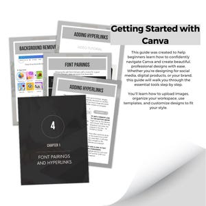 May include: A stack of printed guides titled "Getting Started with Canva," with additional guides on "Adding Hyperlinks," "Font Pairings," and "Background Remove." The guides are white and gray with black text. The cover of one guide reads "Chapter 1: Font Pairings and Hyperlinks."