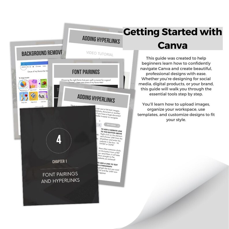 May include: A stack of printed guides titled "Getting Started with Canva," with additional guides on "Adding Hyperlinks," "Font Pairings," and "Background Remove." The guides are white and gray with black text. The cover of one guide reads "Chapter 1: Font Pairings and Hyperlinks."