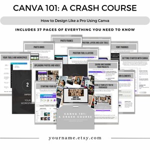 May include: A collection of digital guides titled "CANVA 101: A Crash Course" with the subtitle "How to Design Like a Pro Using Canva." The guides cover topics like photo grids, font pairings, and uploading photos. The image includes the Etsy shop URL.