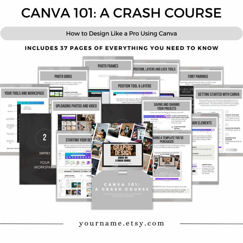May include: A collection of digital guides titled "CANVA 101: A Crash Course" with the subtitle "How to Design Like a Pro Using Canva." The guides cover topics like photo grids, font pairings, and uploading photos. The image includes the Etsy shop URL.