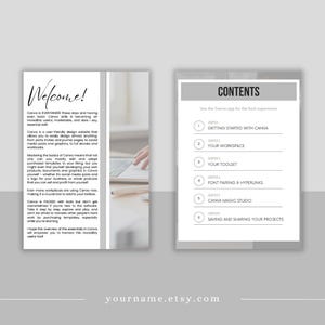 May include: A two-page document with a white background. The left page says "Welcome!" in script font and describes Canva. The right page lists the contents of the document, including "Getting Started with Canva."