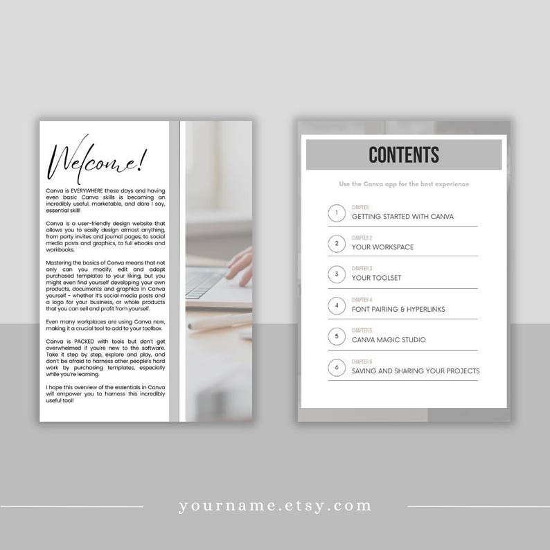 May include: A two-page document with a white background. The left page says "Welcome!" in script font and describes Canva. The right page lists the contents of the document, including "Getting Started with Canva."