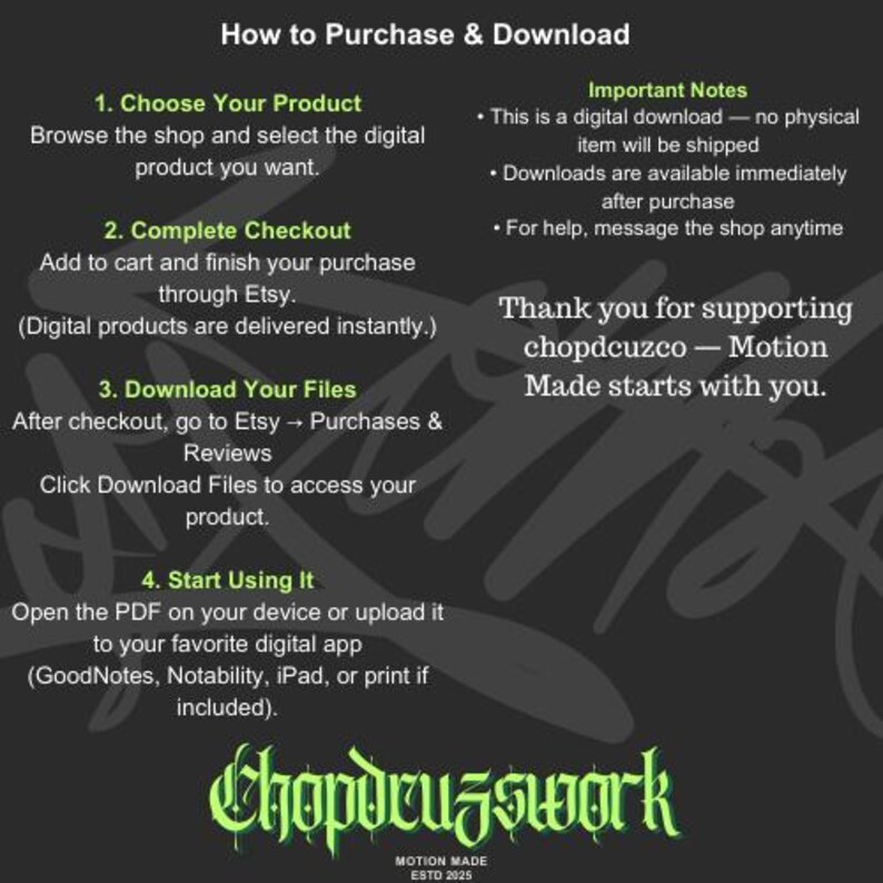 May include: A graphic with instructions on how to purchase and download a digital product from Etsy. The text includes steps for choosing a product, completing checkout, downloading files, and using the product. The image also includes the shop's logo and a thank you message.