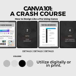 May include: A digital design course titled "CANVA 101: A Crash Course" with the subtitle "How to Design Like a Pro Using Canva." The image shows four digital tablets displaying course content, with the text "Utilize digitally or in print."