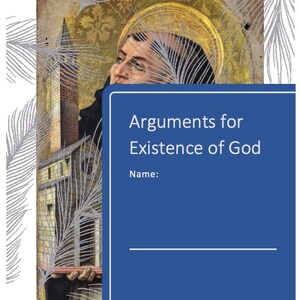 May include: A blue notebook with the text "Arguments for Existence of God" and a space for a name. The background features a religious painting with a figure in a gold halo and a building. The notebook is framed with a feather design.