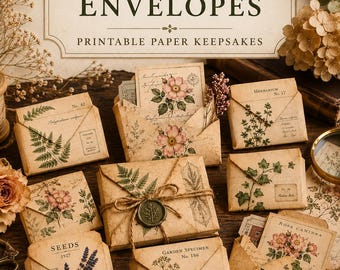 Może przedstawiać: Kolekcja małych kopert botanicznych z papieru w kolorze brązowym, ozdobionych ilustracjami kwiatów i paproci w stylu vintage, etykietami i pieczątkami. Jedna koperta jest przewiązana sznurkiem z zieloną pieczęcią. Tekst: MINI BOTANICAL ENVELOPES.
