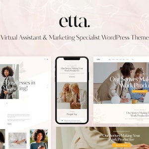 Può includere: Un tema WordPress di marketing digitale chiamato "etta." L'immagine mostra mockup di siti web su un laptop e uno smartphone, con il testo "Supporting Businesses in Digital Marketing!" e "Our Services Making Your Work Productive."