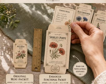 May include: A set of vintage-style paper seed packets featuring botanical illustrations of Shirley Poppy, Wild Rose, Blue Cornflower, and Foxglove. A brass ruler shows the original mini packet is 1.1 x 1.7 inches and the enhanced packet is 1.8 x 3.2 inches.