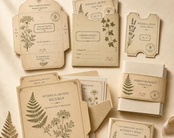Może przedstawiać: Kolekcja papierowych artykułów rzemieślniczych w kolorze opalenizny z napisem CUT FOLD ASSEMBLE FUNCTIONAL PAPER PROJECTS. Zawiera kopertę na nasiona, kieszonkę biblioteczną, kartę botaniczną, teczkę, opaskę archiwalną oraz notatnik botanika.