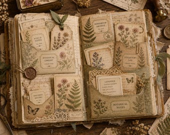 May include: An open scrapbook featuring vintage-style botanical paper pockets, tags, and cards with illustrations of ferns, flowers, and butterflies. The pages include text labels like Botanical Library, Herbarium Archive, and Lavender, with lace accents.