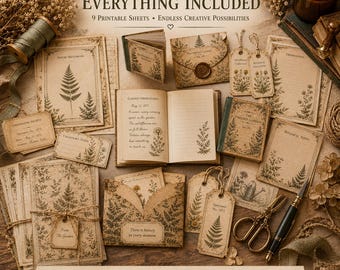 Puede incluir: Una colección de papelería imprimible de estilo vintage con ilustraciones botánicas de helechos y flores silvestres. El set incluye 9 hojas con sobres, etiquetas y diarios, impresos con textos como The Pressed Garden y Garden Observations.