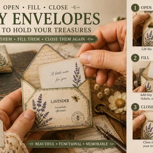 May include: Small paper envelopes featuring a vintage-style lavender botanical print, a bee illustration, and the text 'LAVENDER Lavandula officinalis'. The envelopes have large overlapping flaps and are shown with a small note card inside.