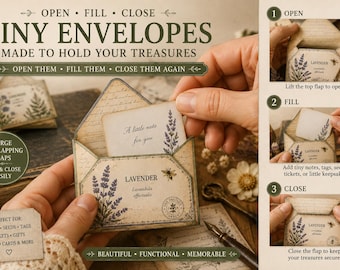 May include: Small paper envelopes featuring a vintage-style lavender botanical print, a bee illustration, and the text 'LAVENDER Lavandula officinalis'. The envelopes have large overlapping flaps and are shown with a small note card inside.