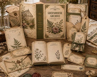 Puede incluir: Un conjunto de papelería botánica Greenhouse Archive de estilo vintage, que incluye un folio, un diario abierto con ilustraciones florales, sobres, tarjetas de especímenes y etiquetas con motivos de helechos y flores sobre papel envejecido.