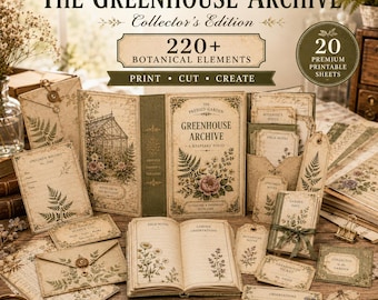 Może przedstawiać: Zestaw Greenhouse Archive Collector's Edition zawiera ponad 220 elementów botanicznych na 20 arkuszach do druku. W skład zestawu wchodzi folio na pamiątki, karty okazów, notatniki terenowe, koperty i etykiety z motywami roślinnymi.