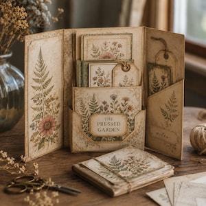May include: A tri-fold paper organizer featuring botanical illustrations of ferns and flowers in muted earth tones. The center pocket displays the text THE PRESSED GARDEN. It contains matching cards and tags, with a small stack of paper items resting in front.