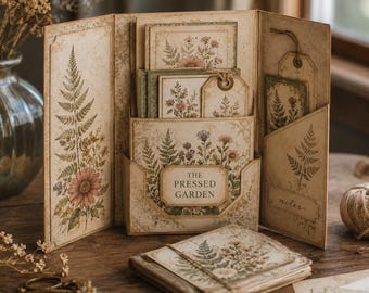 May include: A tri-fold paper organizer featuring botanical illustrations of ferns and flowers in muted earth tones. The center pocket displays the text THE PRESSED GARDEN. It contains matching cards and tags, with a small stack of paper items resting in front.