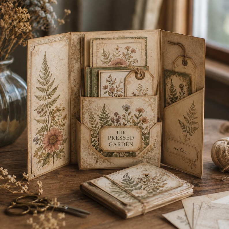 Etsy listing example of a vintage botanical folio kit with pressed flowers