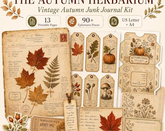 May include: A digital junk journal kit titled The Autumn Herbarium featuring 13 printable pages and 90+ ephemera pieces. The collection includes vintage-style papers, botanical illustrations of maple leaves, ferns, pumpkins, and mushrooms, plus tags and labels.