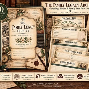 以下が含まれることがあります： The Family Legacy Archiveと題された家系図および系譜作成用の印刷可能なキット。このセットには、先祖プロフィール、調査ログ、家族シート、家族年表など、ヴィンテージの花柄があしらわれた50枚の印刷可能なページが含まれています。