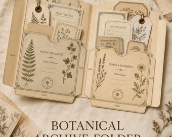 Puede incluir: Una carpeta de papel beige con ilustraciones botánicas de helechos y flores, con bolsillos etiquetados como Plant Specimens y Notes & Ephemera. La carpeta contiene varias etiquetas y tarjetas de papel con texto impreso.