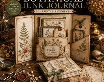 Może przedstawiać: Zestaw do botanicznego dziennika typu junk journal zawierający ponad 90 elementów do druku, w tym karty, etykiety i koperty z ilustracjami kwiatów i paproci. Zestaw zawiera składany ekspozytor, małą książeczkę ze wstążką oraz papierowe dodatki.